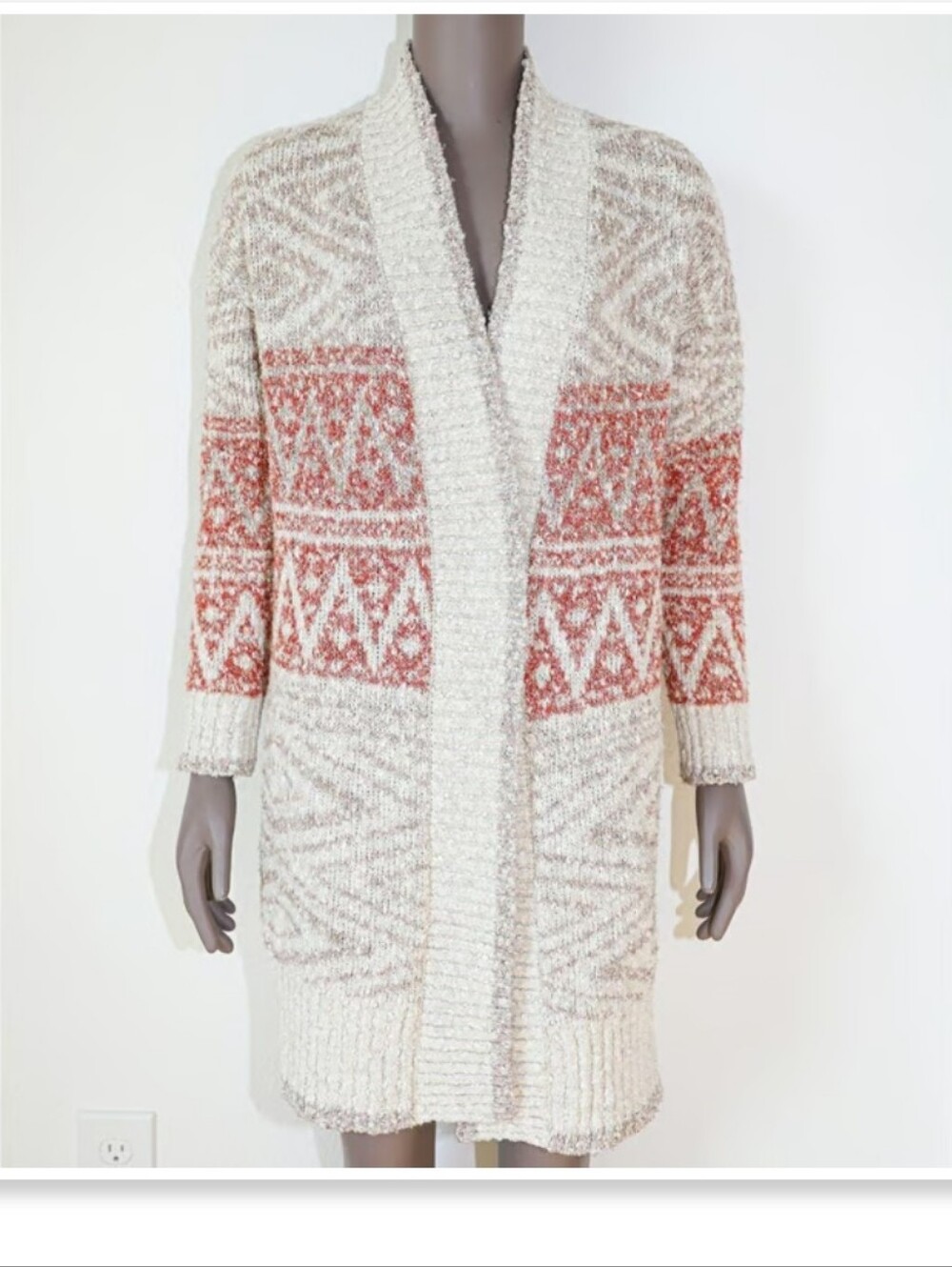 Joie Cream and Rust Patterned Chunky Knit Cardigan Size Small
